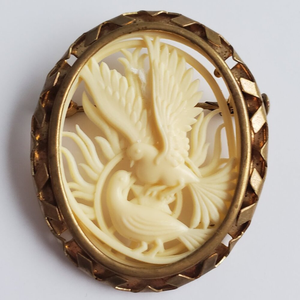 VTG RARE DEPOSE FRANCE Carved Celluloid Kissing Birds Brooch Modernist Bezel